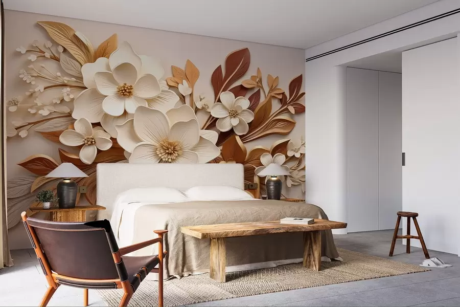 murales flores 3D con hojas en estilo origami en tonos beige w08984