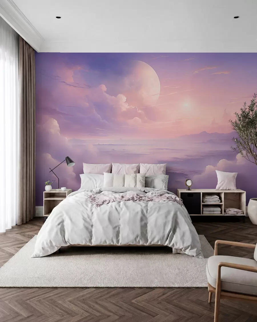 Wall Mural Photo Wallpaper Magical purple-pink sky with the moon and clouds w08986