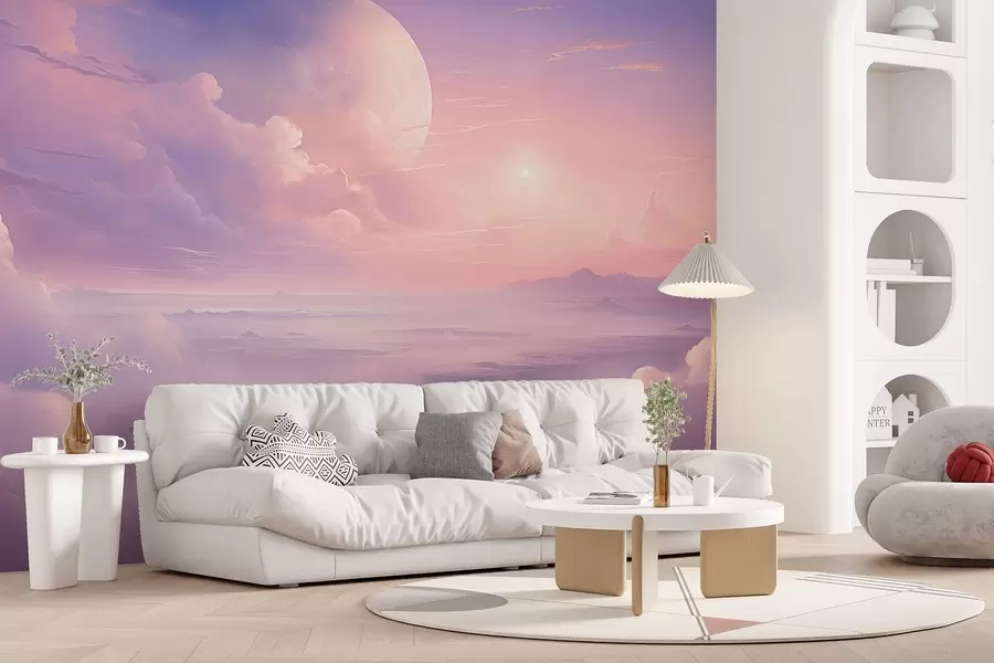wall murals Magical purple-pink sky with the moon and clouds w08986