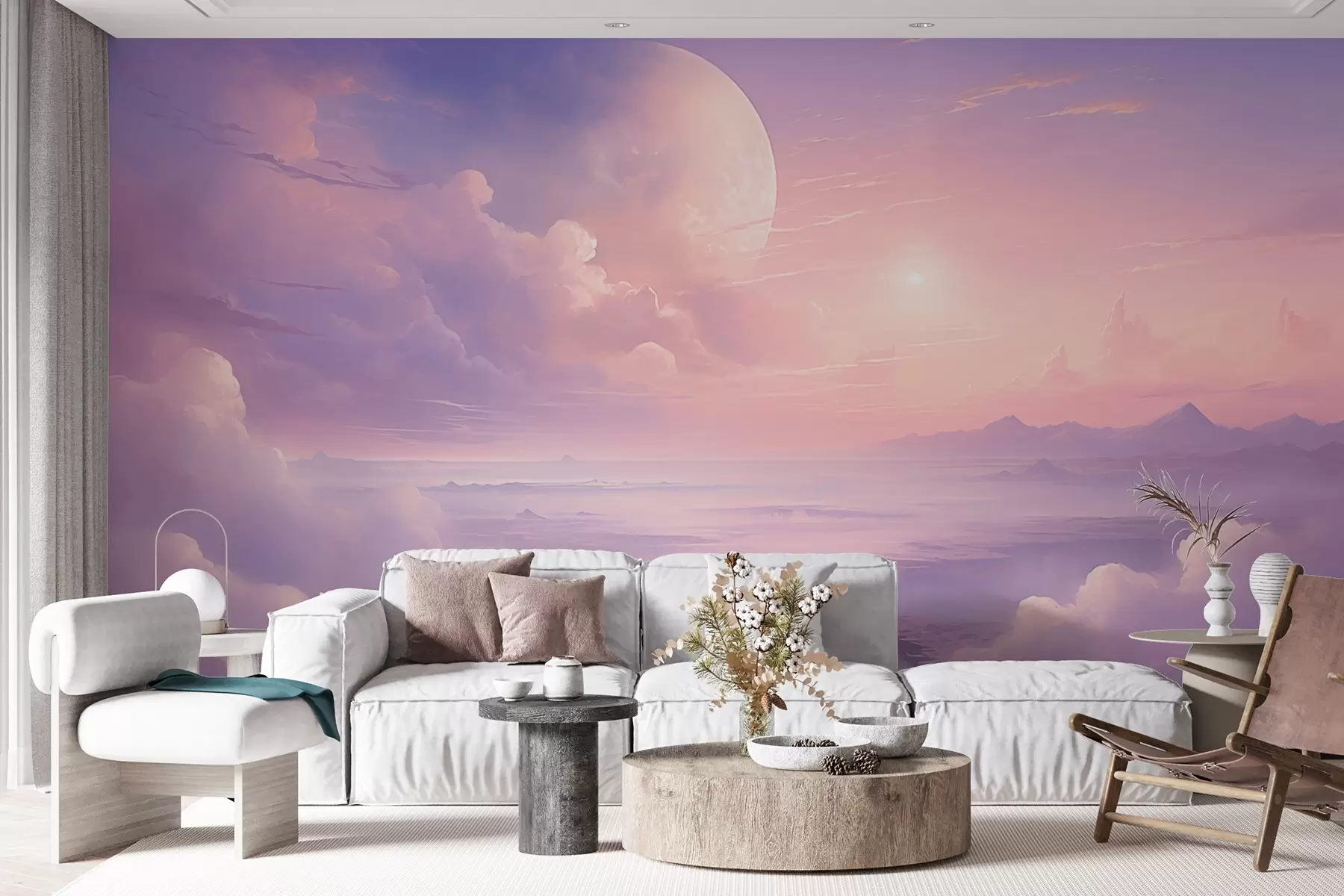 murales Cielo mágico rosa púrpura con la luna y las nubes w08986