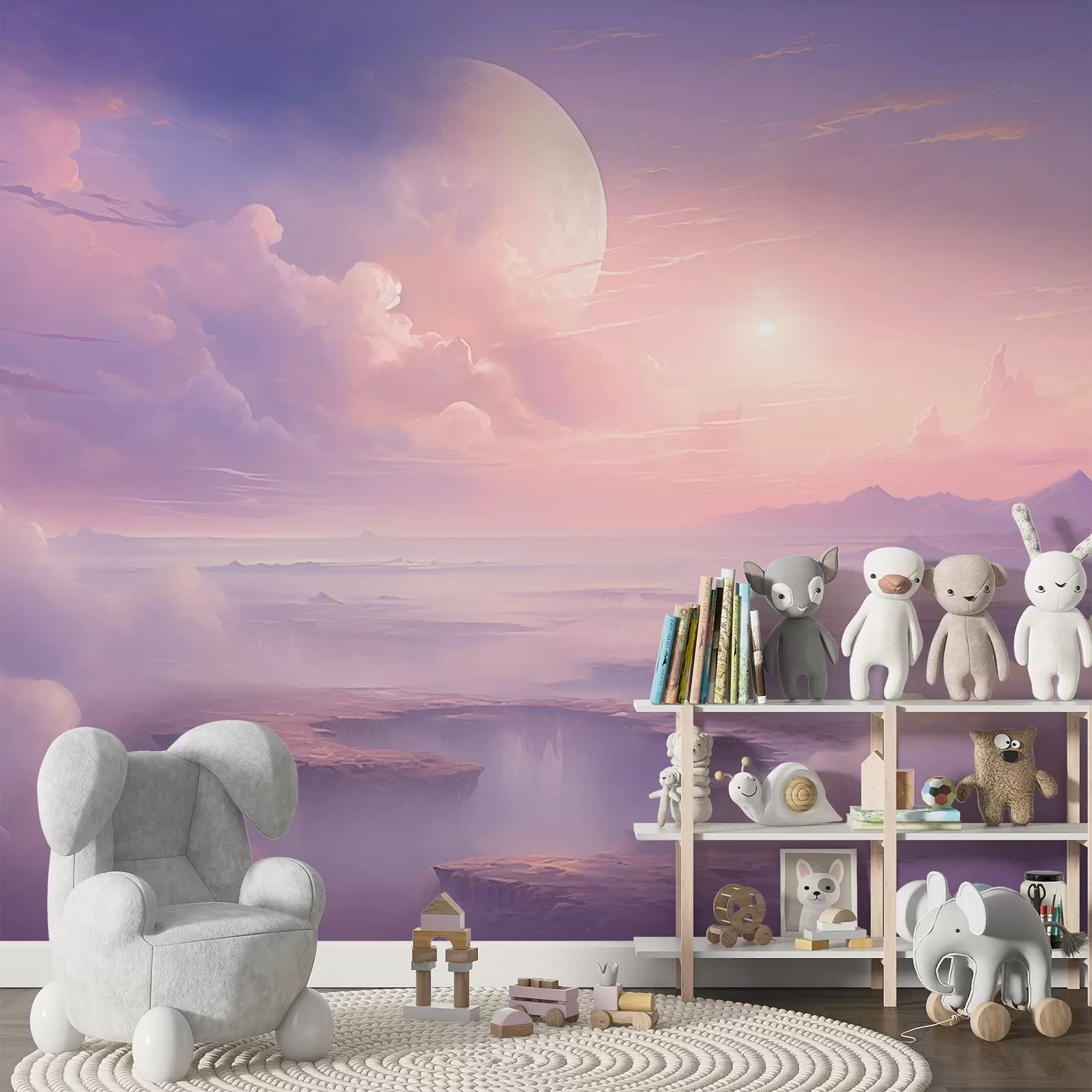 murales Cielo mágico rosa púrpura con la luna y las nubes w08986