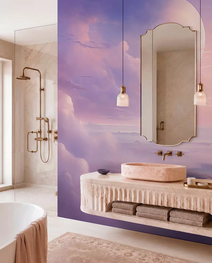 wall murals Magical purple-pink sky with the moon and clouds w08986