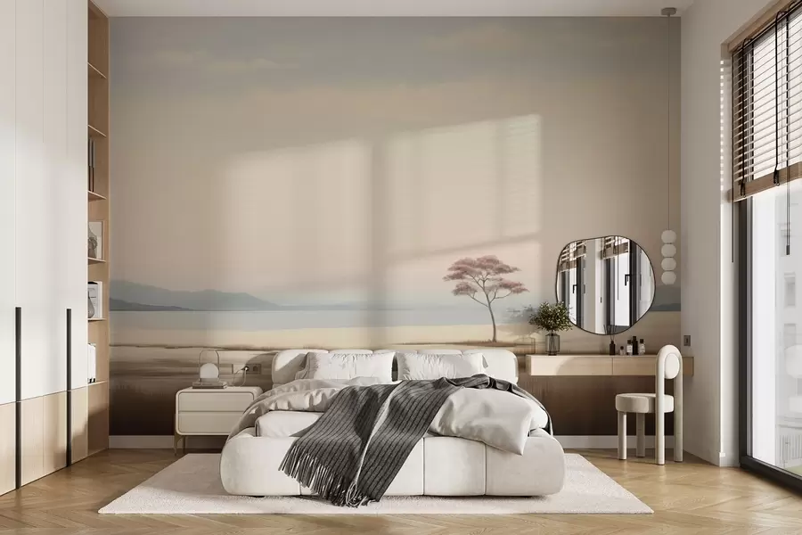 peintures murales Un paysage serein avec un arbre rose solitaire w08989