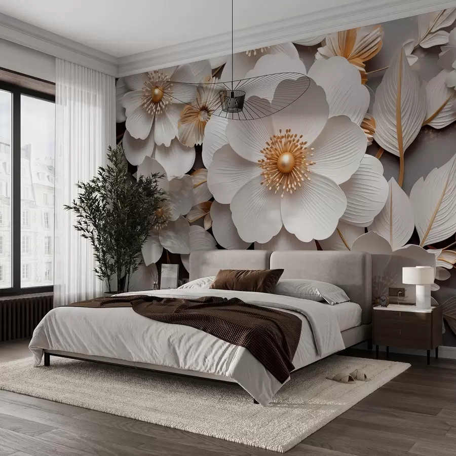 Wall Mural Photo Wallpaper 3D flowers in origami style in yellow-gray tones w08993