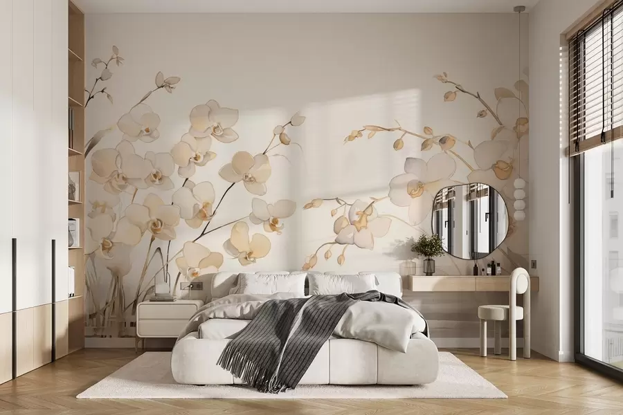 murales Orquídeas beige creciendo a los lados en el agua en estilo acuarela w08998