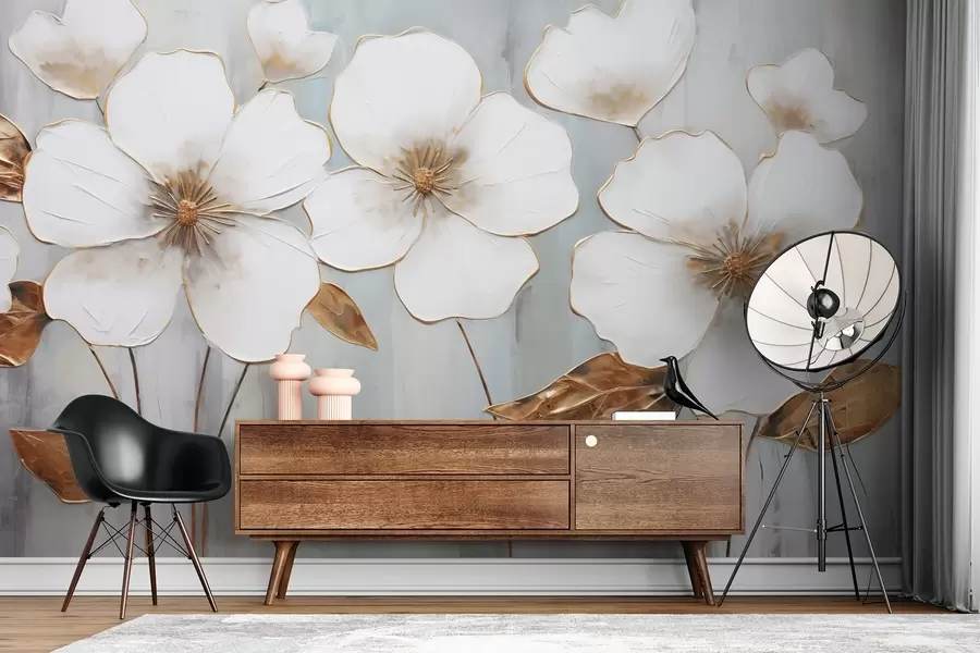 Wall Mural Photo Wallpaper Large white flowers with yellow accent leaves on a gray background w08999