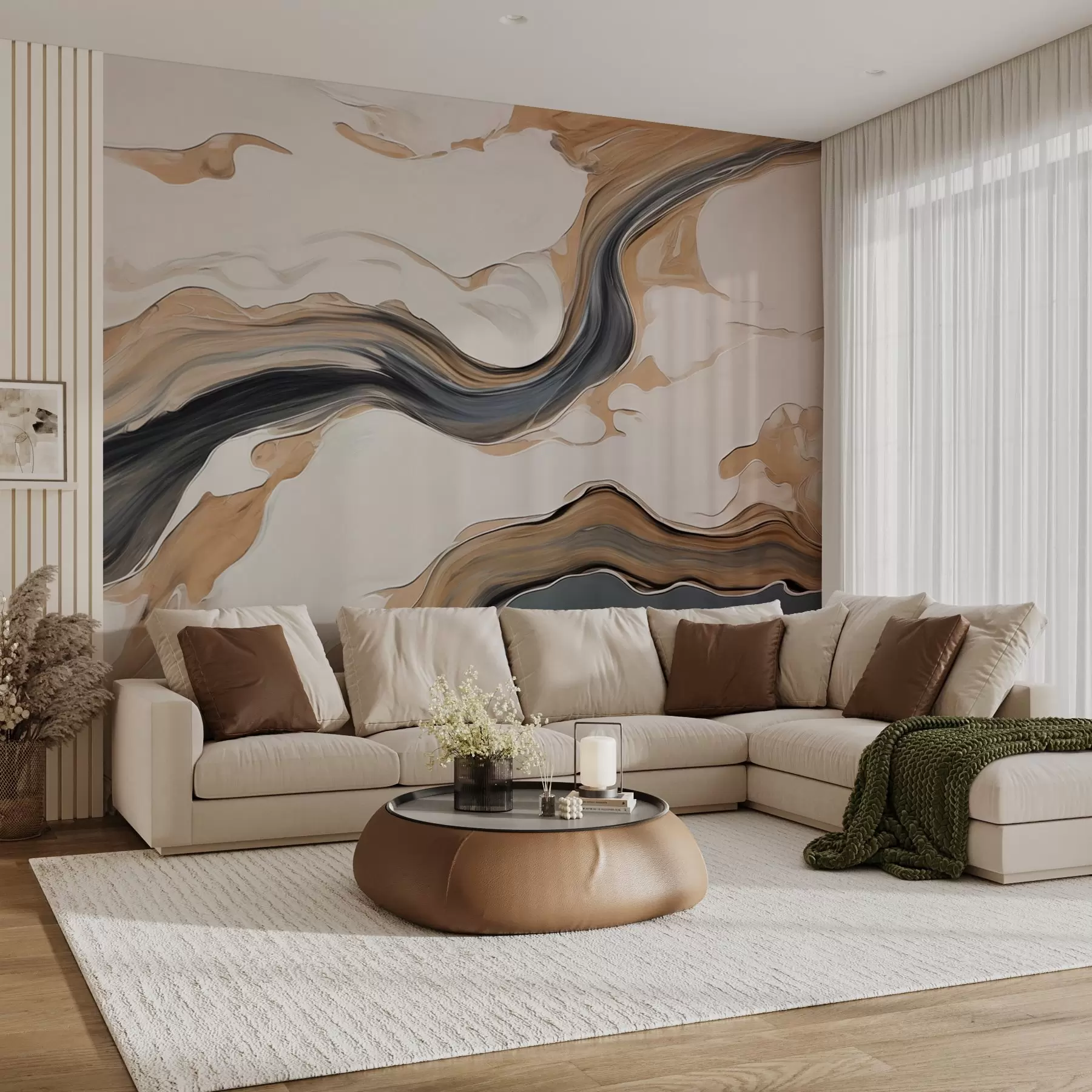 peintures murales Traces brun-gris en forme de vagues w09001