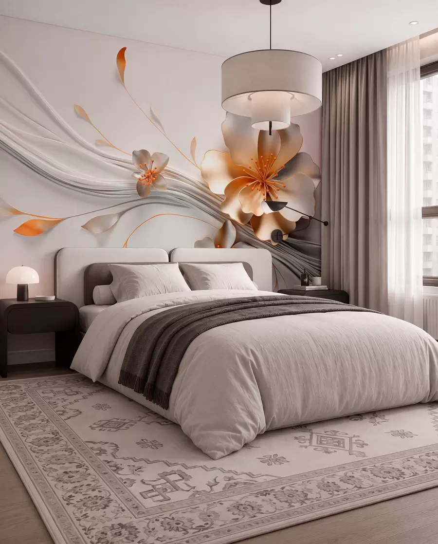 peintures murales Une fleur orange sur un fond gris abstrait w09004