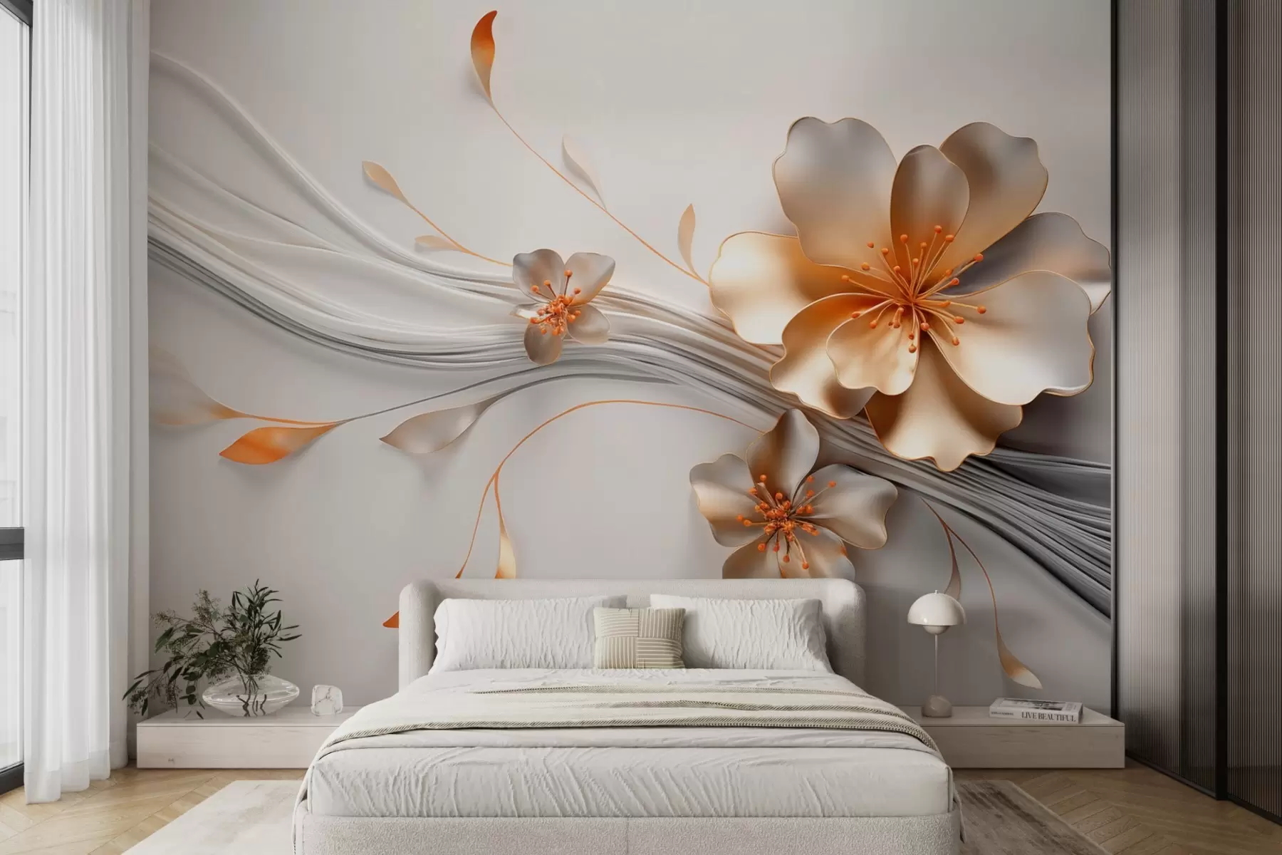 wall murals An orange flower on a gray abstract background w09004