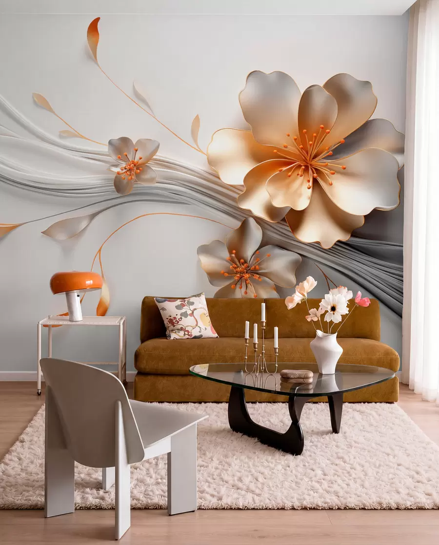 wall murals An orange flower on a gray abstract background w09004