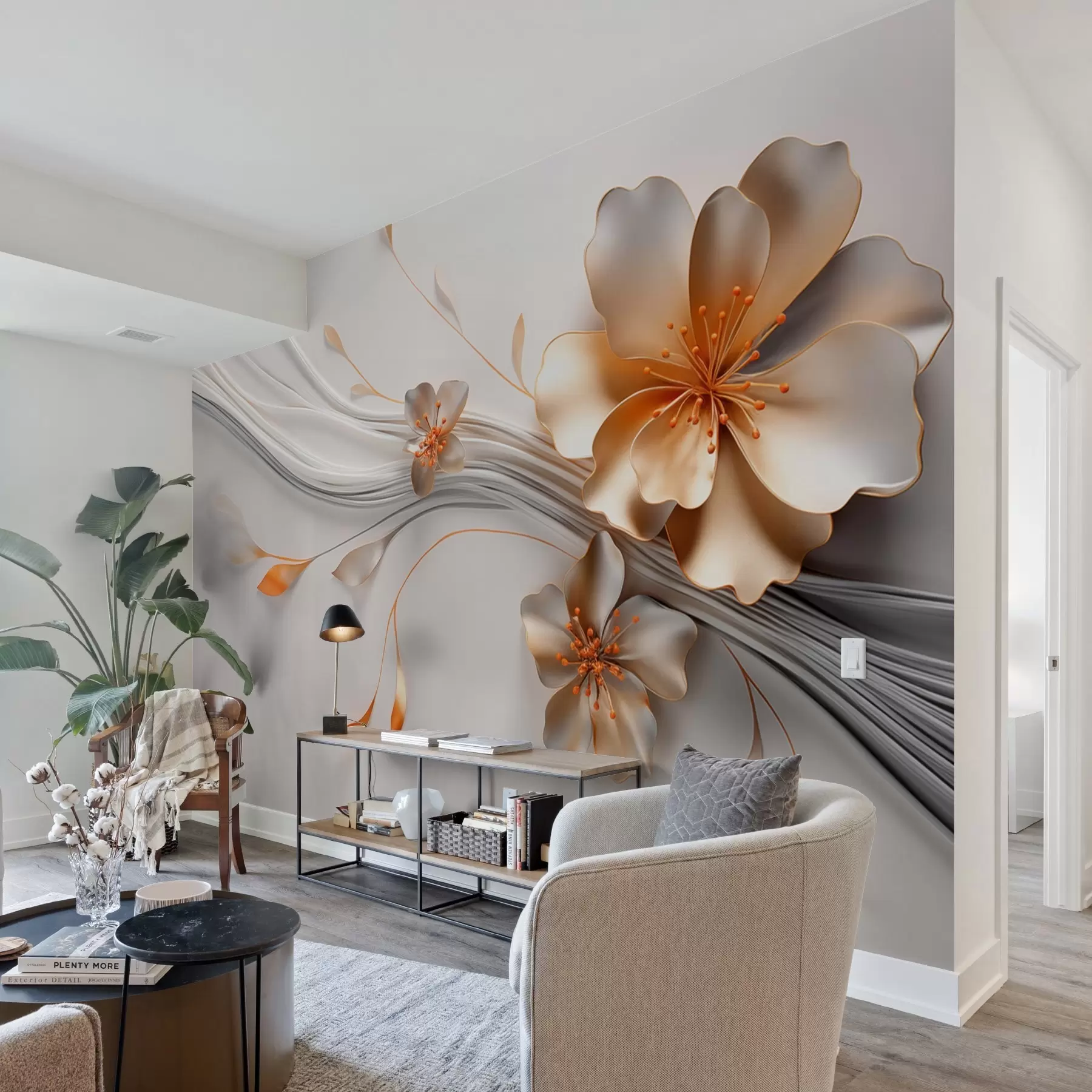 peintures murales Une fleur orange sur un fond gris abstrait w09004