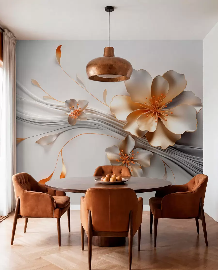 wall murals An orange flower on a gray abstract background w09004