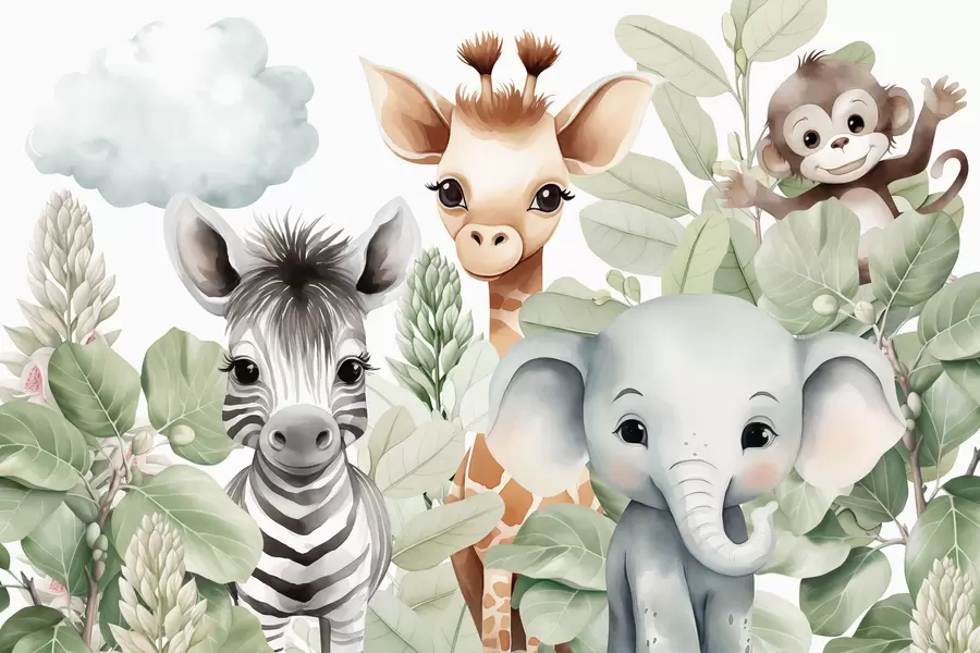 wall murals Giraffe, zebra, elephant and monkey among the foliage w03677