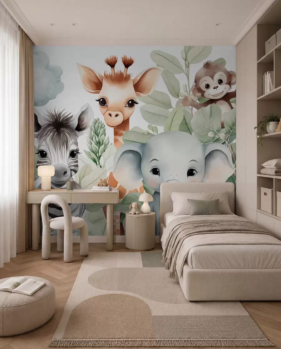 murales Jirafa, cebra, elefante y mono entre el follaje w03677