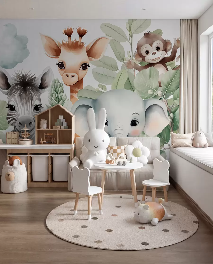 peintures murales Girafe, zèbre, éléphant et singe dans le feuillage w03677
