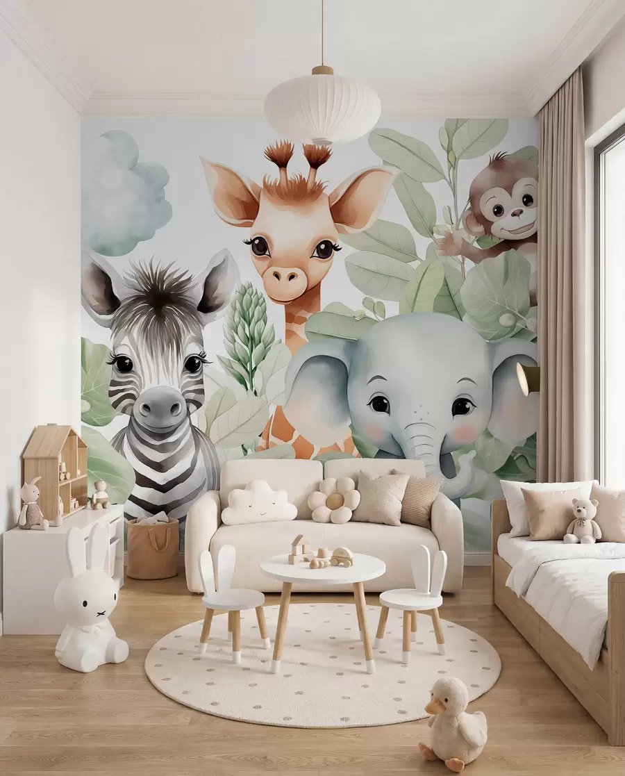 murales Jirafa, cebra, elefante y mono entre el follaje w03677