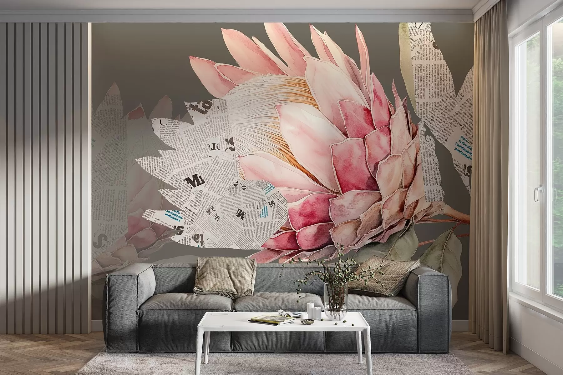 Wall Mural Photo Wallpaper Protea flowers, newspaper art, floral, tropical, green background w03667v1