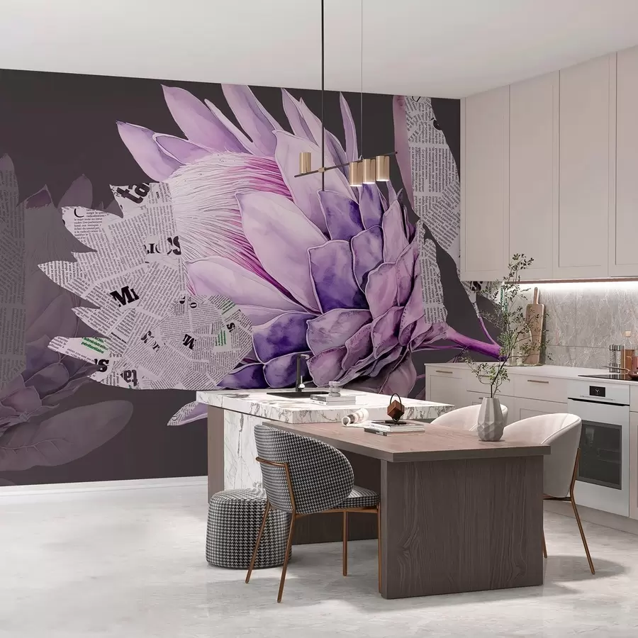 Wall Mural Photo Wallpaper Protea flowers, newspaper art, floral, tropical, dark background, purple colors w03667v2