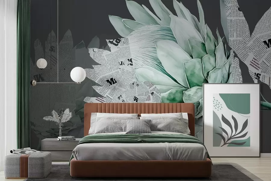 peintures murales Protea flowers, newspaper art, floral, tropical, dark background, green colors w03667v3