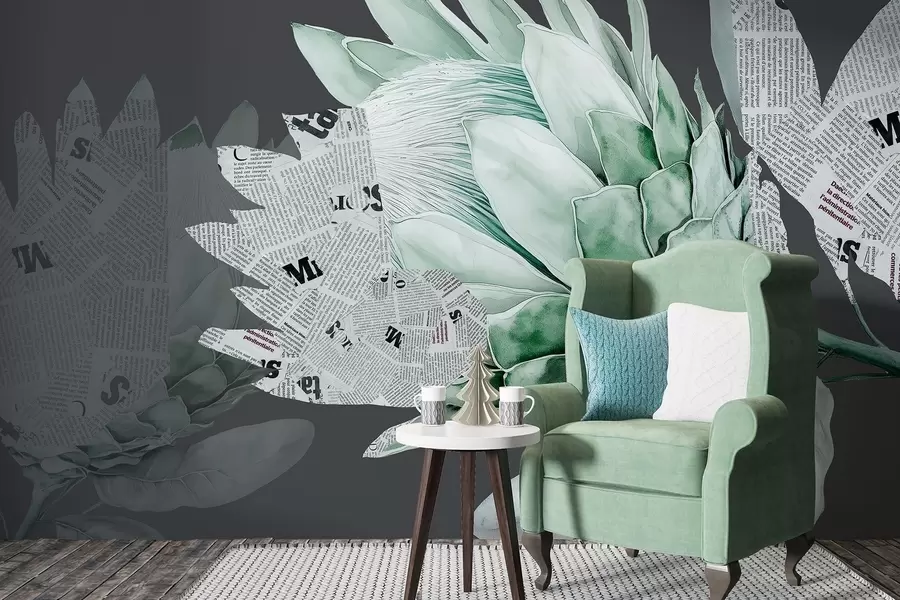 wall murals Protea flowers, newspaper art, floral, tropical, dark background, green colors w03667v3