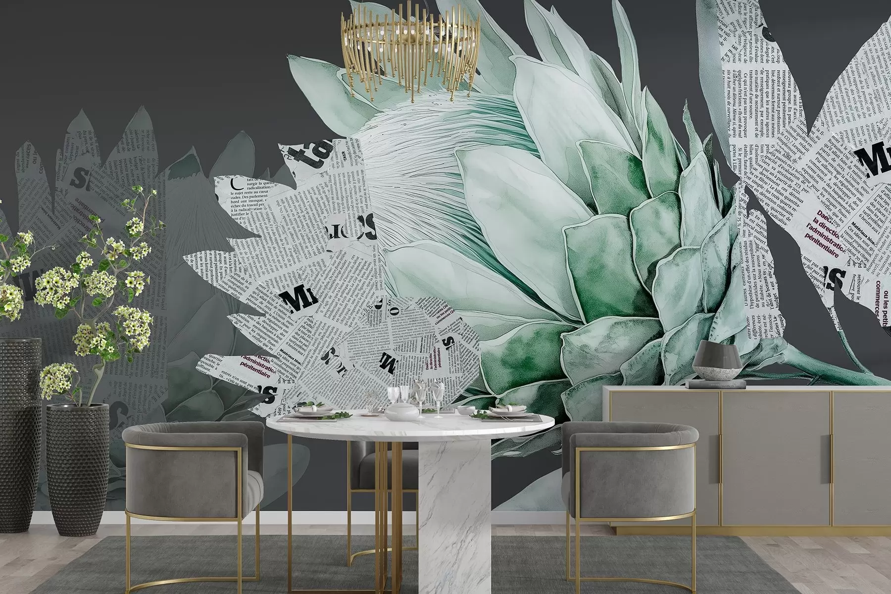murais de parede Flores Protea, arte de jornal, floral, tropical, fundo escuro, cores verdes w03667v3
