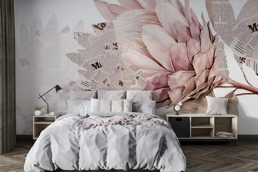 peintures murales Protea flowers, newspaper art, floral, tropical, pastel beige colors w03667v4