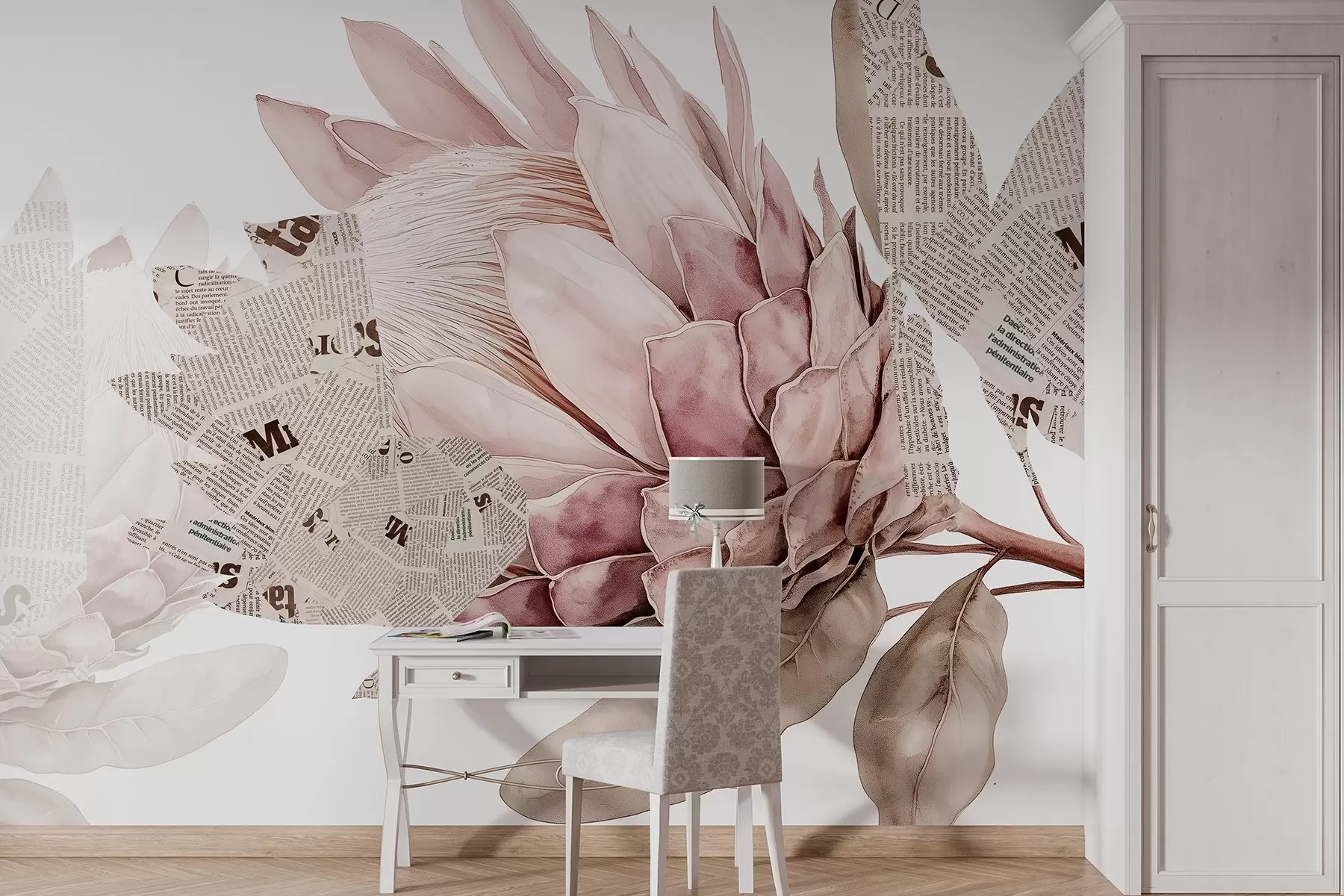 peintures murales Protea flowers, newspaper art, floral, tropical, pastel beige colors w03667v4