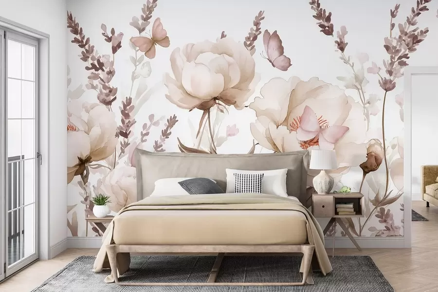 murales Pradera de flores, peonías, lavanda, mariposas, estilo acuarela, colores beige w03668v2