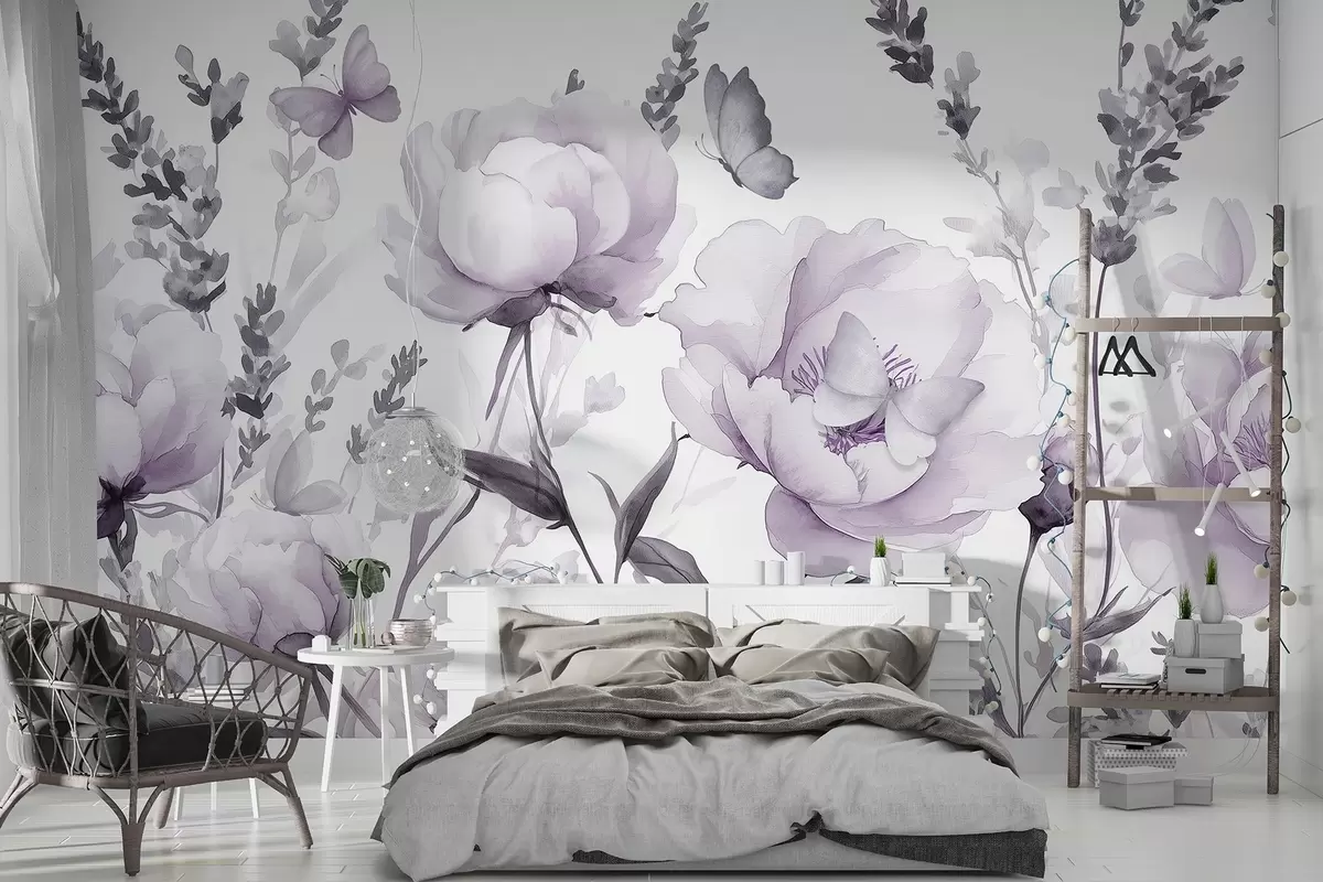 Wall Mural Photo Wallpaper Flower meadow, peonies, lavender, butterflies, watercolor style, puple colors w03668v3