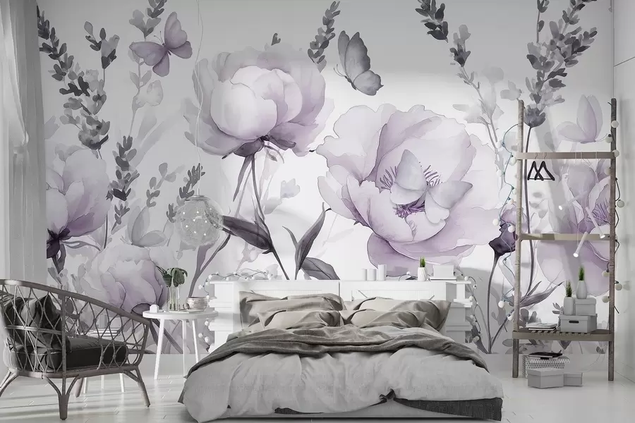 Wall Mural Photo Wallpaper Flower meadow, peonies, lavender, butterflies, watercolor style, puple colors w03668v3