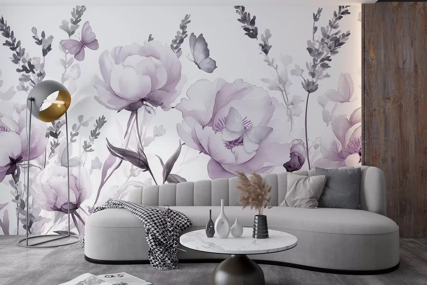 Wall Mural Photo Wallpaper Flower meadow, peonies, lavender, butterflies, watercolor style, puple colors w03668v3