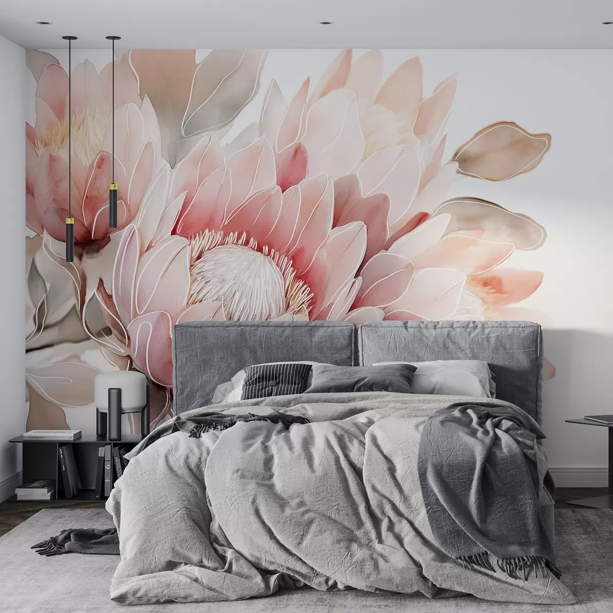 murales Hermosas flores de protea, dibujo lineal, tropical, colores naturales w03669