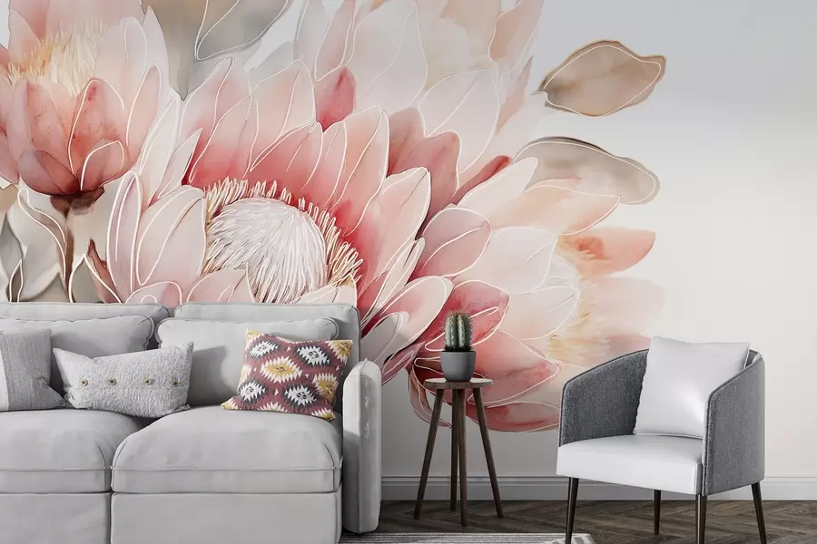 peintures murales Fleurs de protea, dessin au trait, tropical, couleurs naturelles w03669