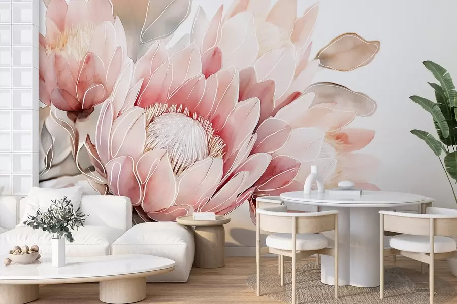 murales Hermosas flores de protea, dibujo lineal, tropical, colores naturales w03669