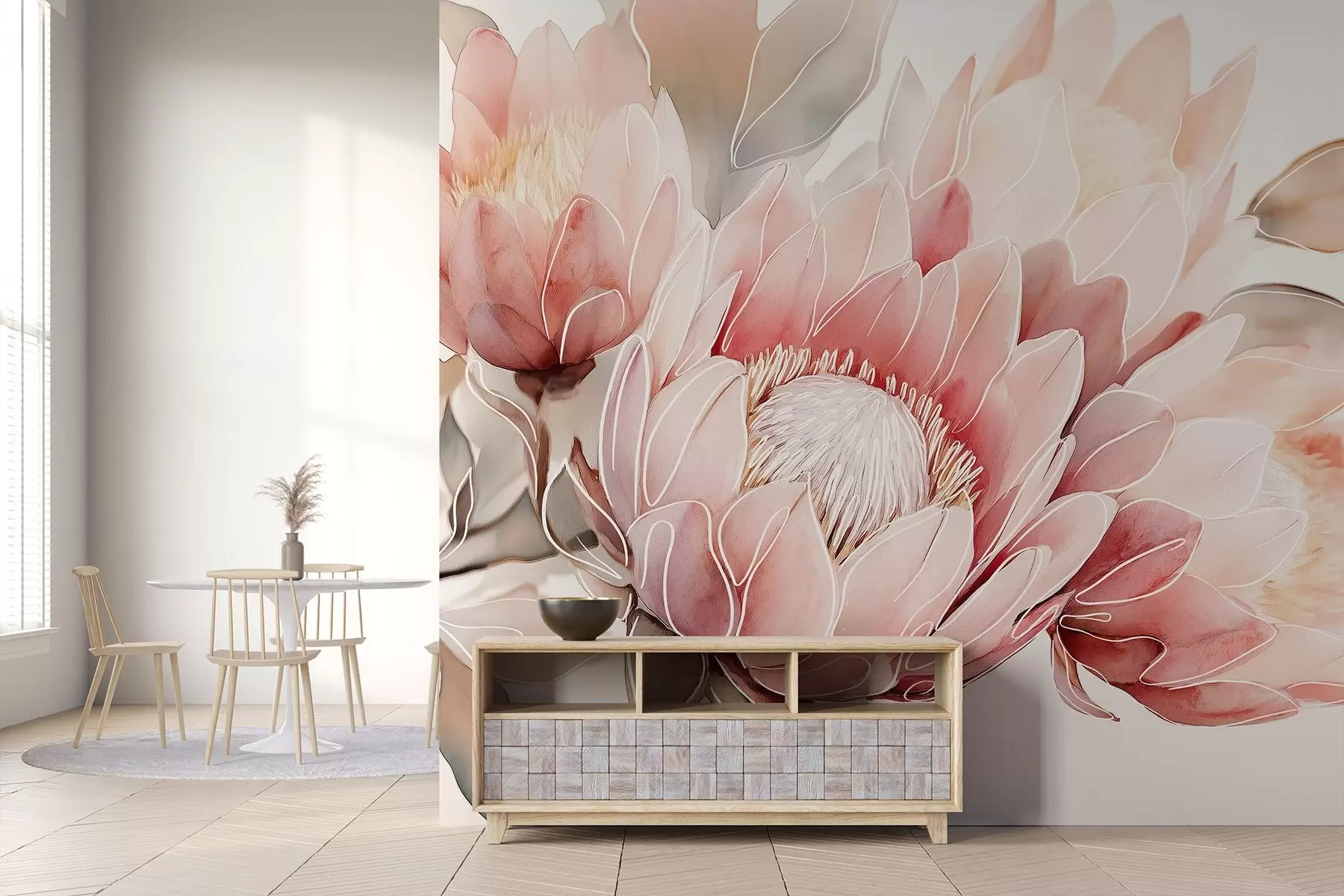 Wall Mural Photo Wallpaper Beautiful protea flowers, line art drawing, tropical, natural colors w03669