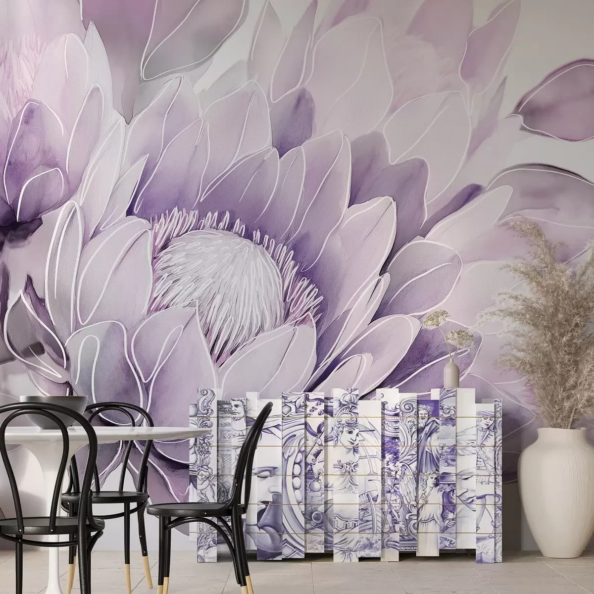wall murals Beautiful protea flowers, line art drawing, tropical, purple colors w03669v1