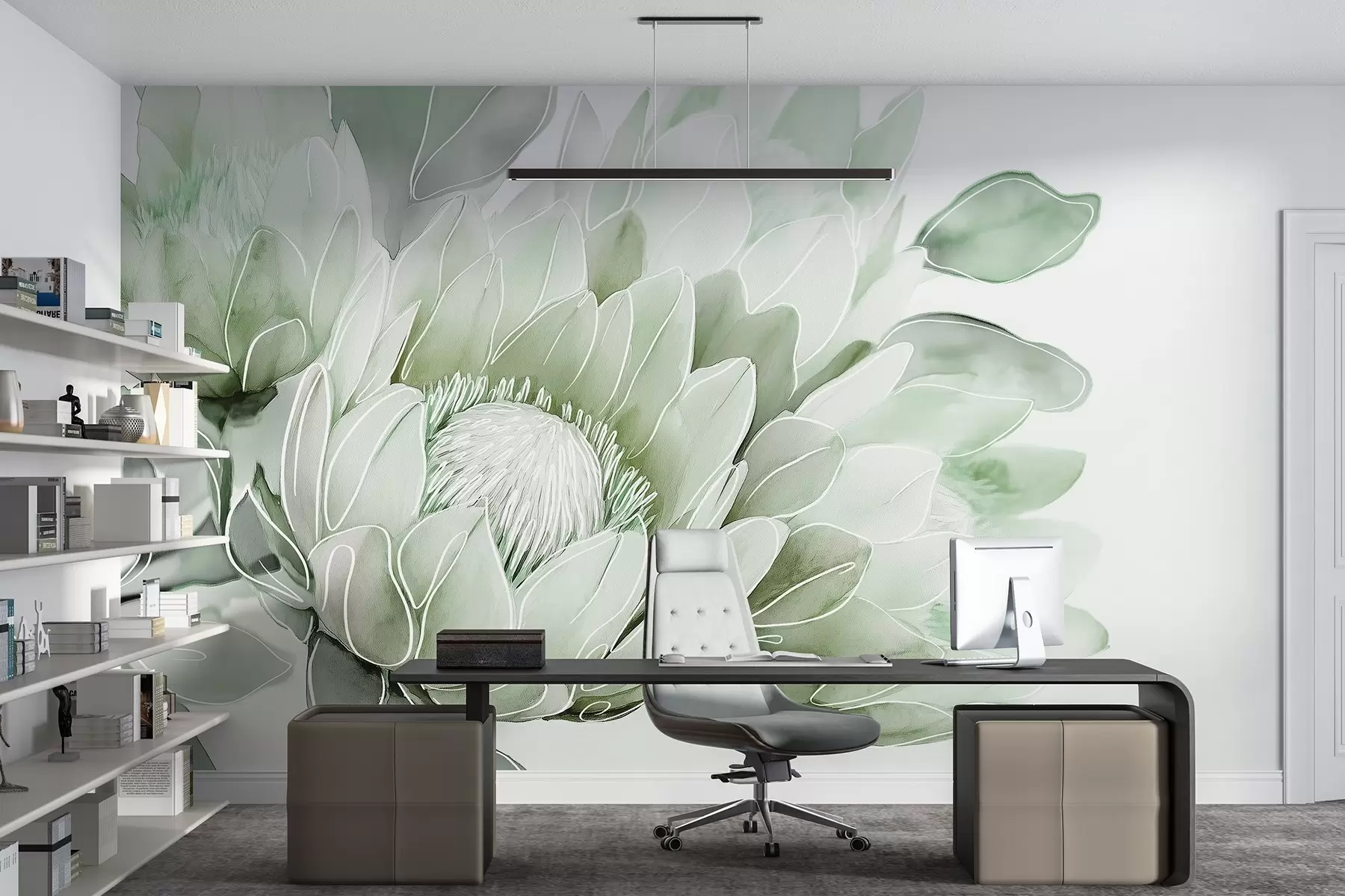 Wall Mural Photo Wallpaper Beautiful protea flowers, line art drawing, tropical, green colors w03669v2