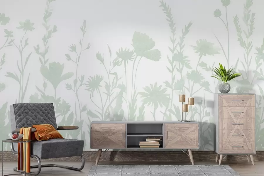 murais de parede Prado de verão, rústico, flores, paleta de cores verdes  w03670v3