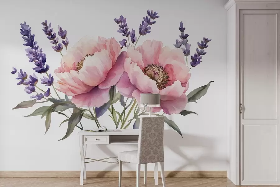 Wall Mural Photo Wallpaper Watercolor style peonies, lavender, flowers, natural colors w03671