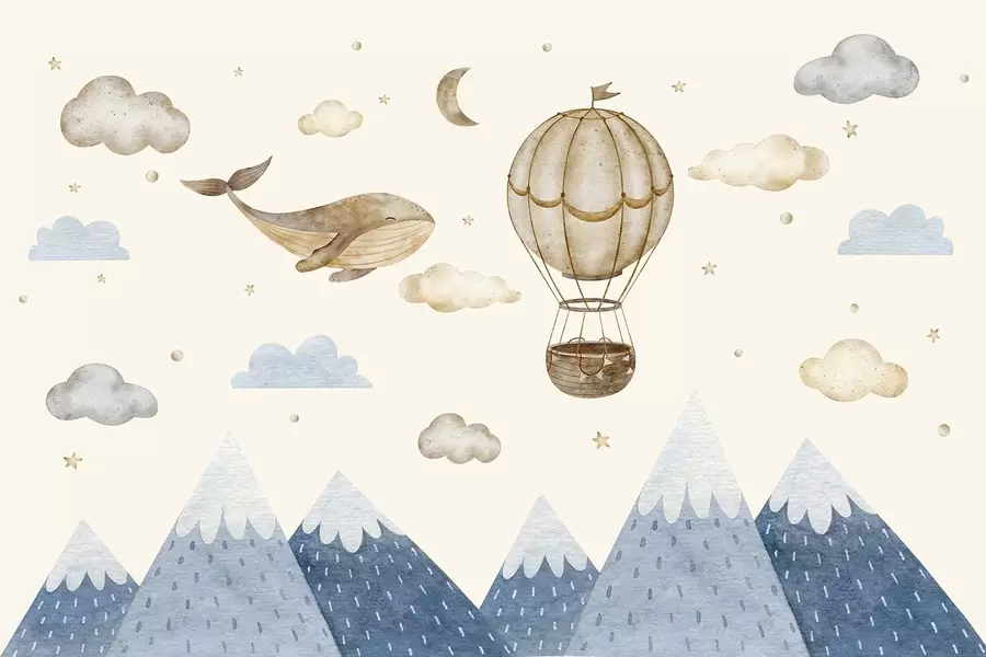 murales Globo de aire, linda ballena, cielo estrellado, montañas, acuarela, colores azul y beige w03672