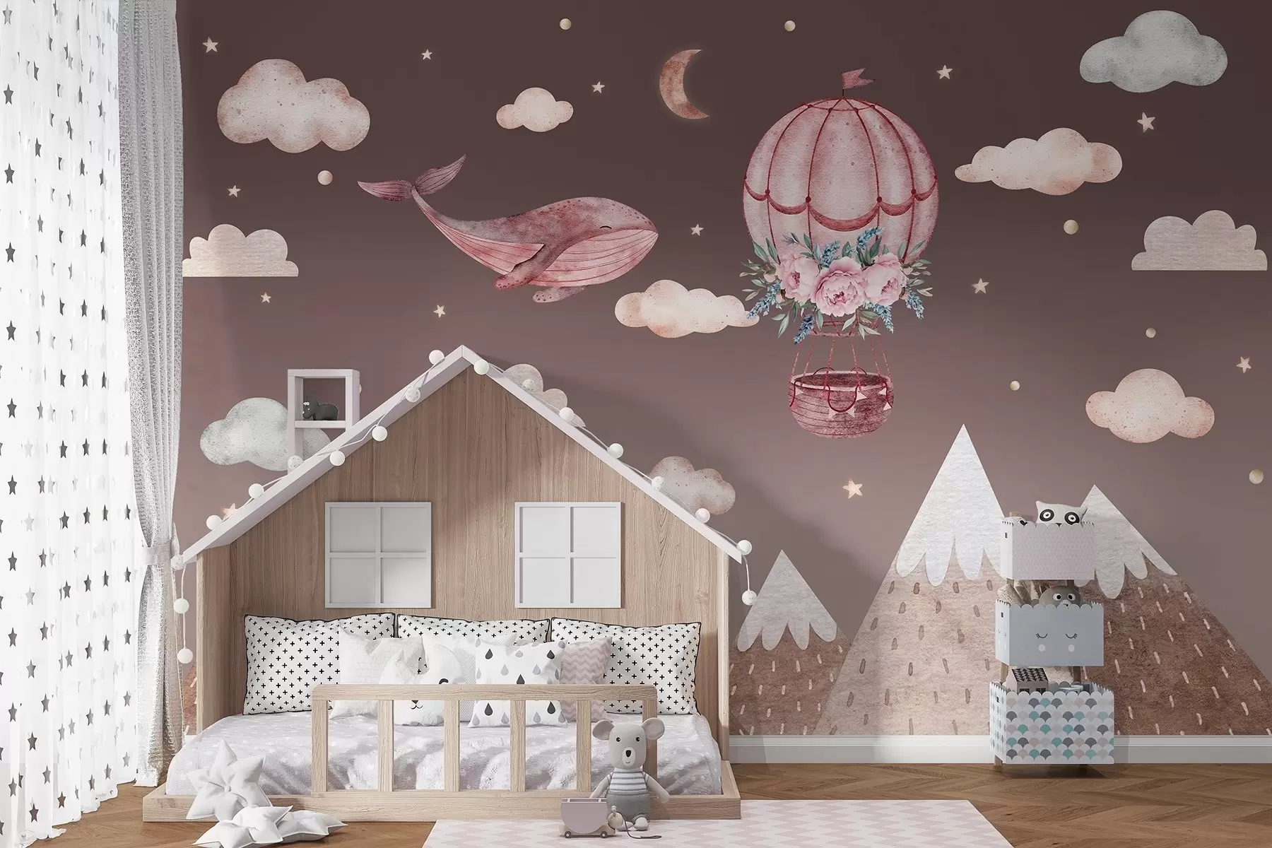 wall murals Cute whale with air balloon, dark sky with clouds, mountains, watercolor, pink colors w03673v1