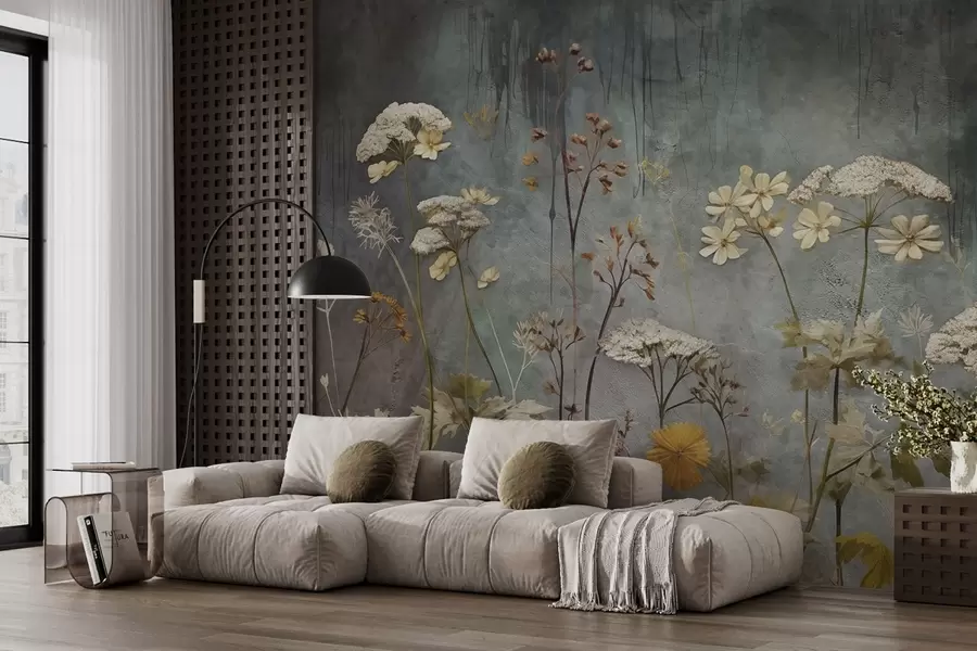 murales Flores silvestres y hierbas en el fondo de la pared grunge w03697