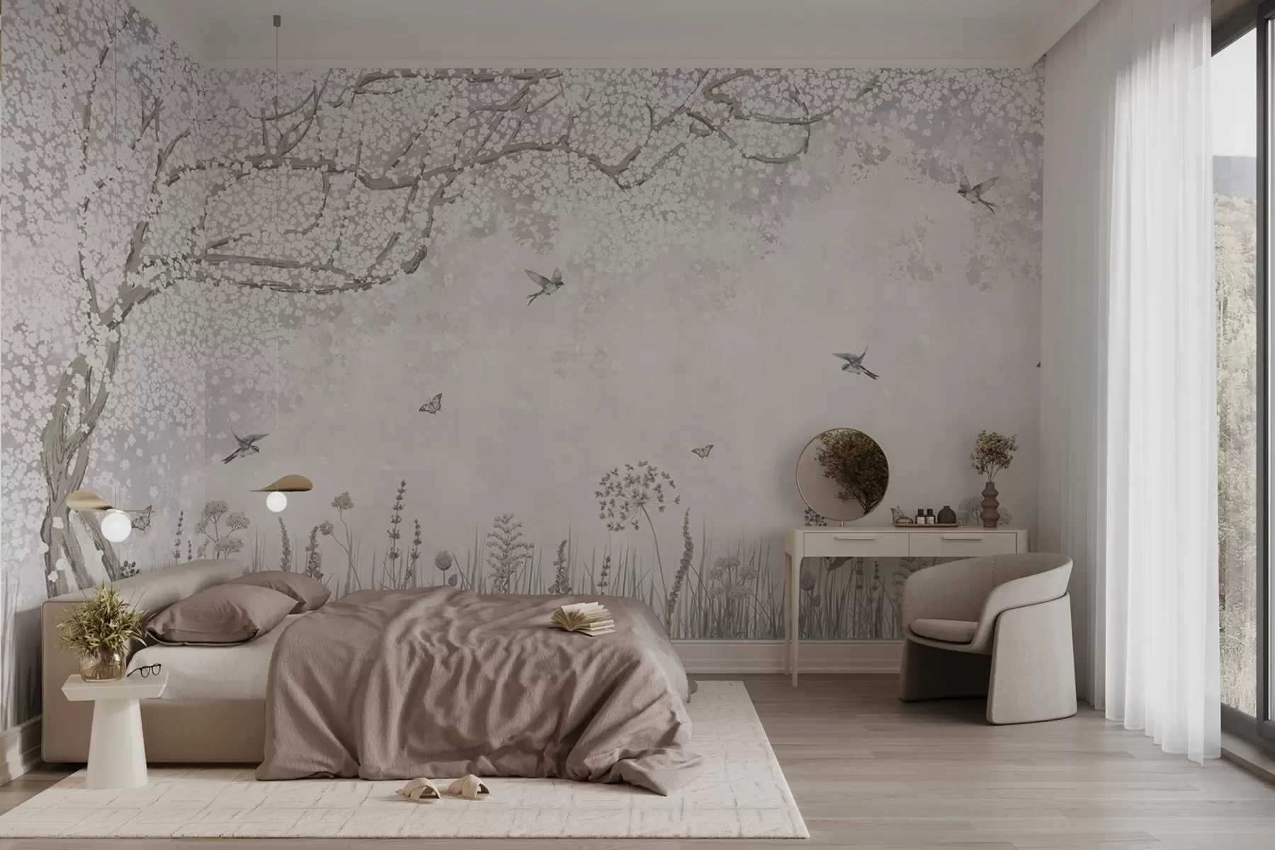 peintures murales Arbre en fleurs avec fleurs sauvages et oiseaux w03700