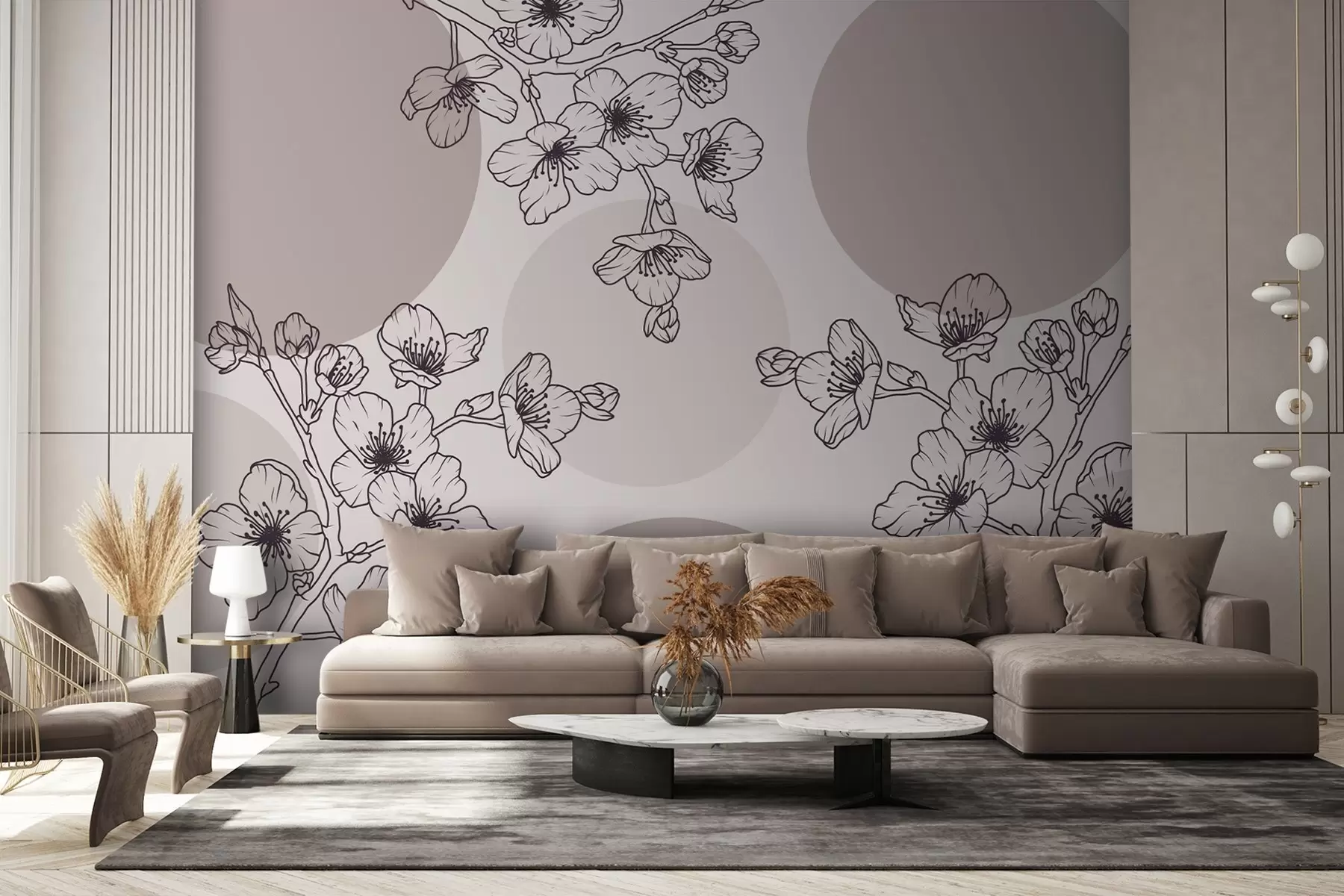 peintures murales Branches avec fleurs sur des cercles colorés dans les tons bruns w03712