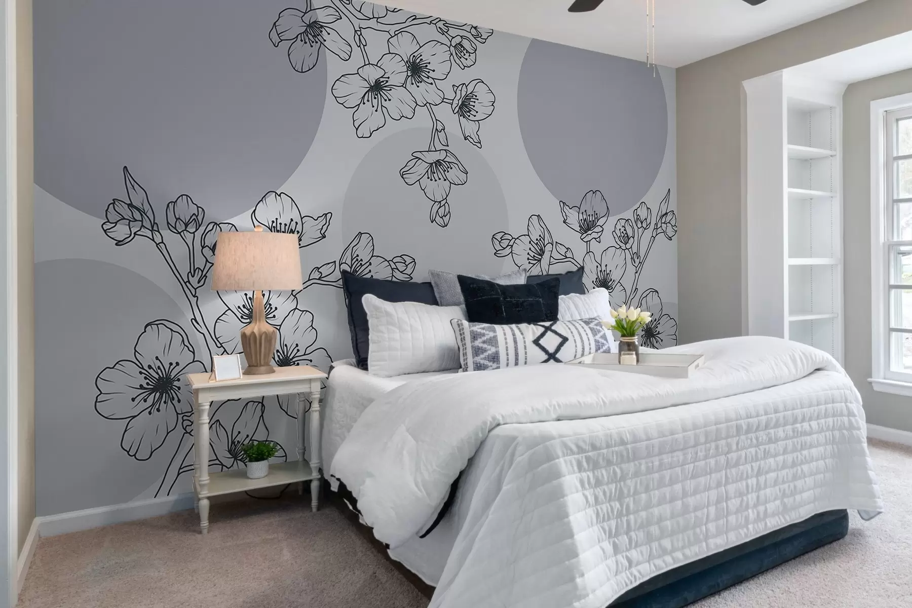 murales Ramas con flores sobre círculos de colores w03712v1