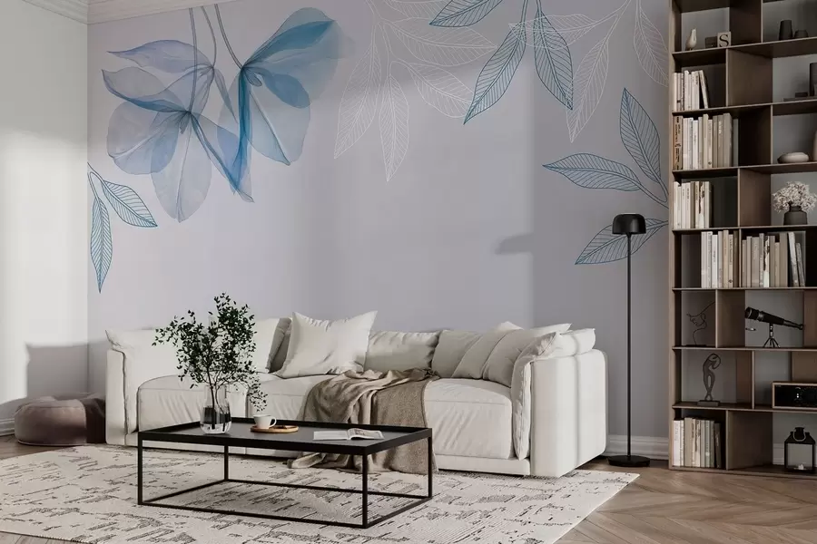 murales delicadas flores y hojas translúcidas en tonos azules w03616