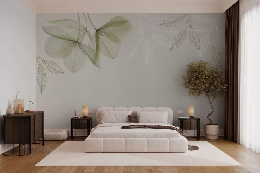 Wall Mural Photo Wallpaper delicate translucent flowers and leaves in khaki tones w03616v2