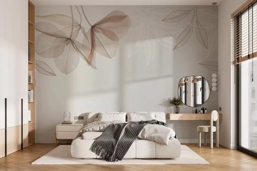 Wall Mural Photo Wallpaper delicate translucent flowers and leaves in mocha tones w03616v3