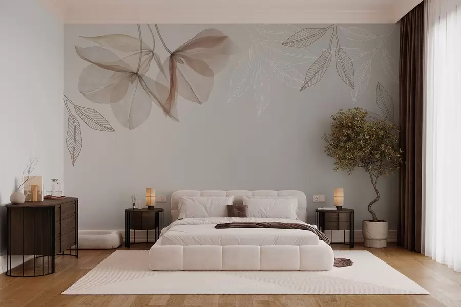 Wall Mural Photo Wallpaper delicate translucent flowers and leaves in mocha tones w03616v3