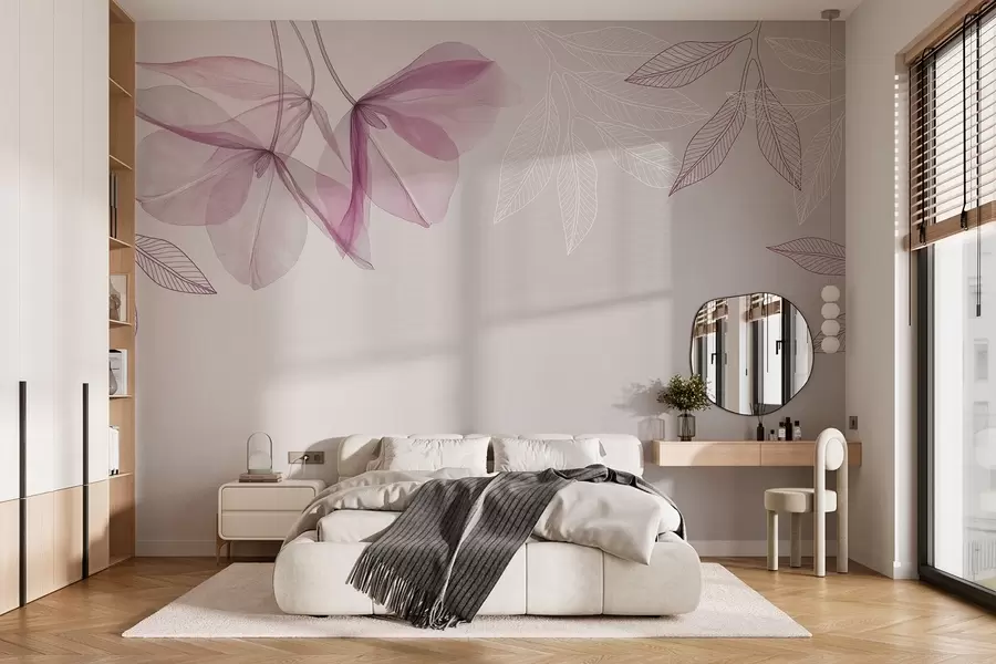 murais de parede delicadas flores e folhas translúcidas em tons de púrpura w03616v4